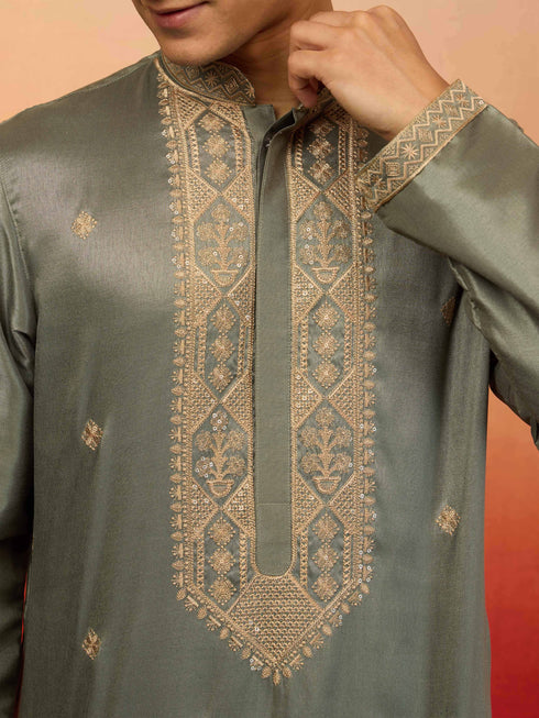 Men's Mint Green Resham Embroidered Silk Kurta